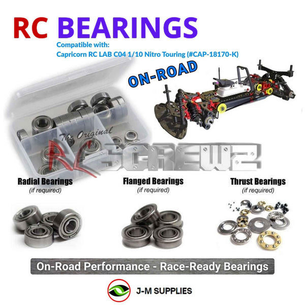 Representative image of an RCScrewZ metal-shielded bearing kit for Capricorn RC LAB C04 1/10 Nitro Touring (#CAP-18170-K); exact bearing sizes and quantities vary by RC model.