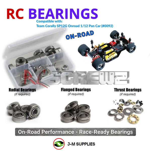 Representative image of an RCScrewZ metal-shielded bearing kit for Team Corally SP12G Onroad 1/12 Pan Car (#0092); exact bearing sizes and quantities vary by RC model.