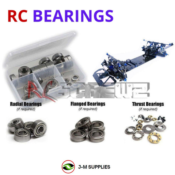 Representative image of an RCScrewZ metal-shielded bearing kit for Custom Works Patriot Dragcar #0850; exact bearing sizes and quantities vary by RC model.