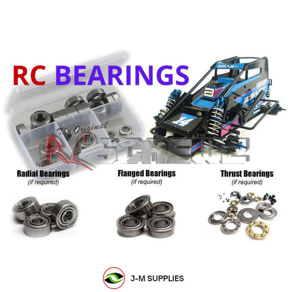 Representative image of an RCScrewZ metal-shielded bearing kit for Custom Works RC Beast Midget 1/10 Dirt Oval Kit (#0650); exact bearing sizes and quantities vary by RC model.