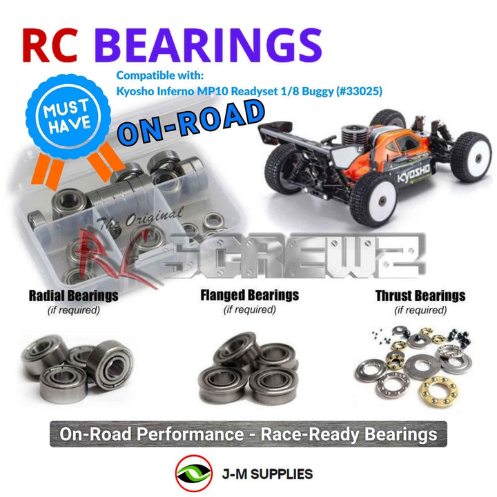 Representative image of an RCScrewZ metal-shielded bearing kit for Kyosho Inferno MP10 Readyset 1/8 Nitro Buggy (#33025); exact bearing sizes and quantities vary by RC model.