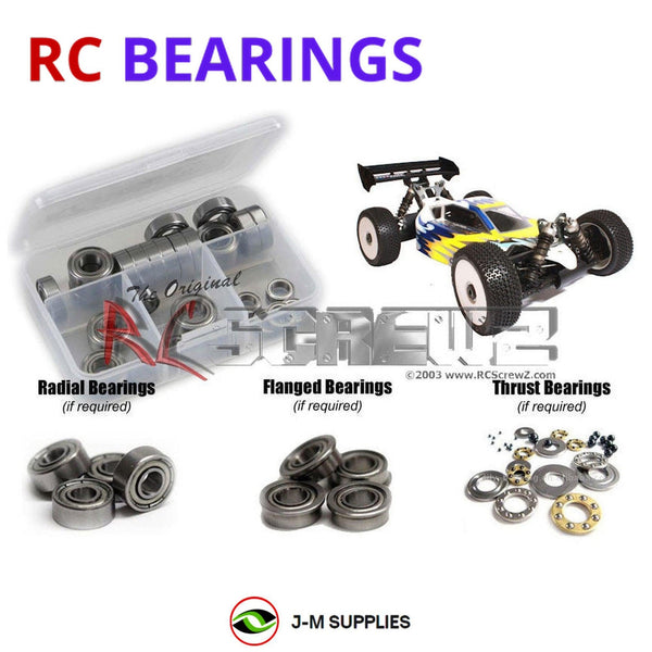 Representative image of an RCScrewZ metal-shielded bearing kit for Mugen Seiki MBX-6 ECO 1/8th #E0070; exact bearing sizes and quantities vary by RC model.