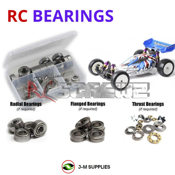 Representative image of an RCScrewZ metal-shielded bearing kit for Schumacher Cougar SV/Pro #K111/K112; exact bearing sizes and quantities vary by RC model.