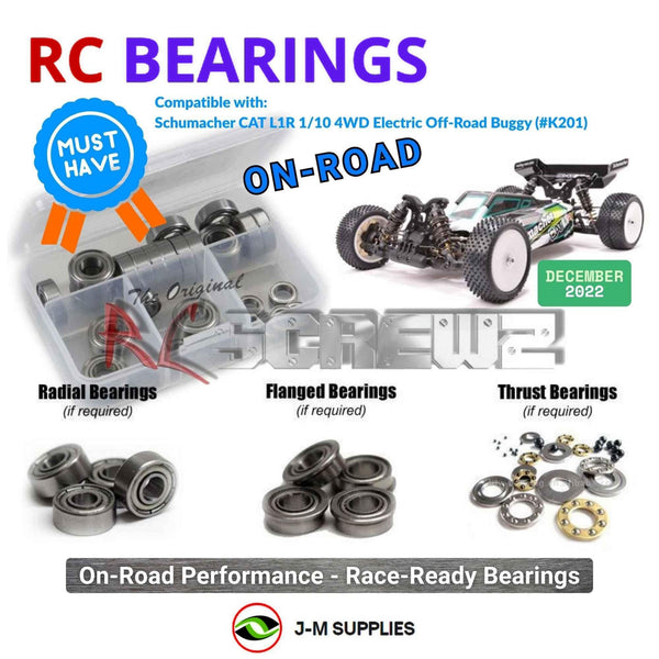 Representative image of an RCScrewZ metal-shielded bearing kit for Schumacher CAT L1R 1/10 4WD Electric Off-Road Buggy (#K201); exact bearing sizes and quantities vary by RC model.