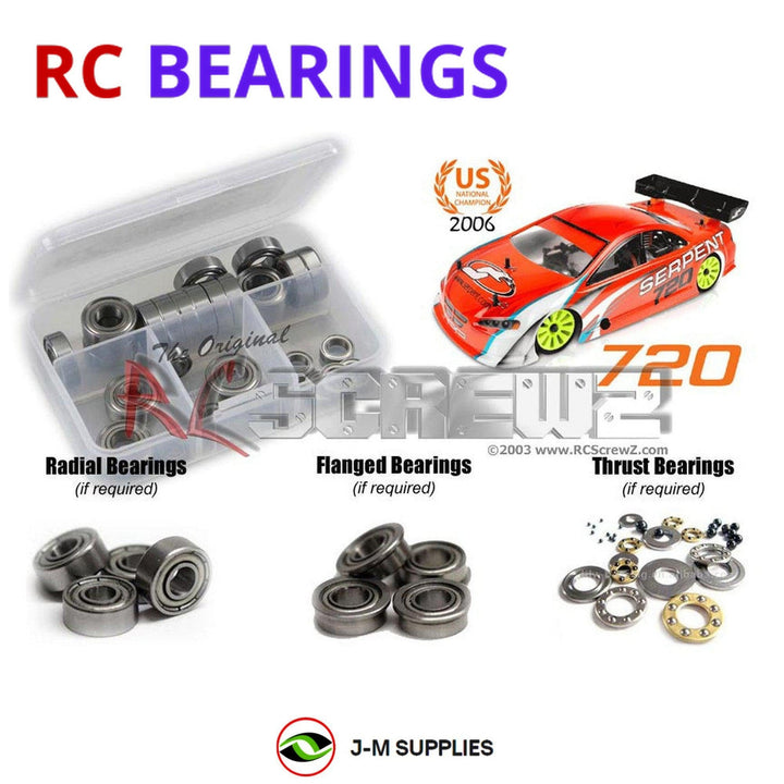 Representative image of an RCScrewZ metal-shielded bearing kit for Serpent 720 '08 1/10 Nitro 4WD Touring Car (803008); exact bearing sizes and quantities vary by RC model.
