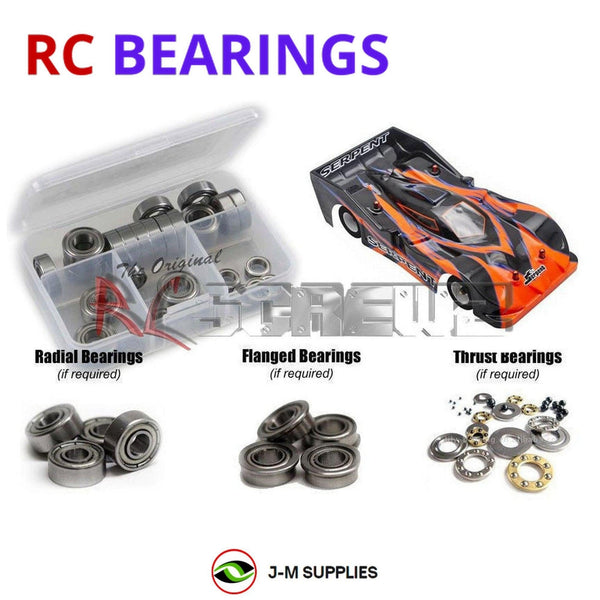 Representative image of an RCScrewZ metal-shielded bearing kit for Serpent Viper 989e 1/8 On-Road EP Touring (#904005); exact bearing sizes and quantities vary by RC model.