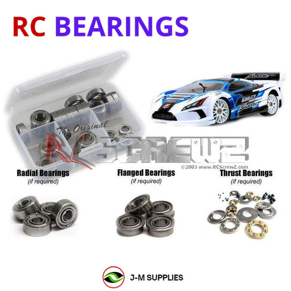 Representative image of an RCScrewZ metal-shielded bearing kit for SWORKz S35-GT Nitro 1/8th #910028; exact bearing sizes and quantities vary by RC model.