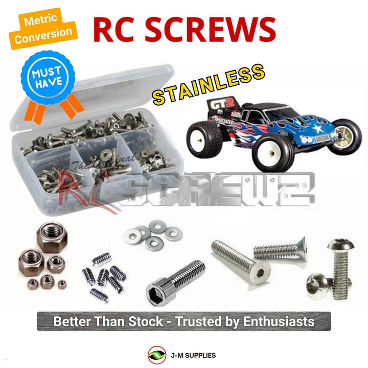 Representative image of an RCScrewZ stainless steel metric conversion screw kit for Team Associated RC10GT2 GT2 1/10 Nitro Stadium Truck (7080, 7092); exact kit contents vary by RC model.