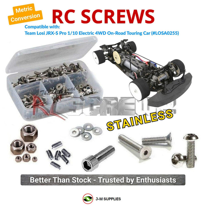 Representative image of an RCScrewZ stainless steel metric conversion screw kit for Team Losi JRX-S Pro 1/10 Electric 4WD Touring Car (LOSA0255); exact kit contents vary by RC model.