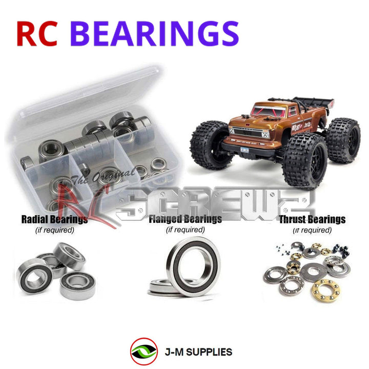 Representative image of an RCScrewZ rubber-sealed bearing kit for ARRMA OUTCAST 4S BLX 1/10 Electric 4WD Stunt Truck (ARA102692); exact bearing sizes and quantities vary by RC model.