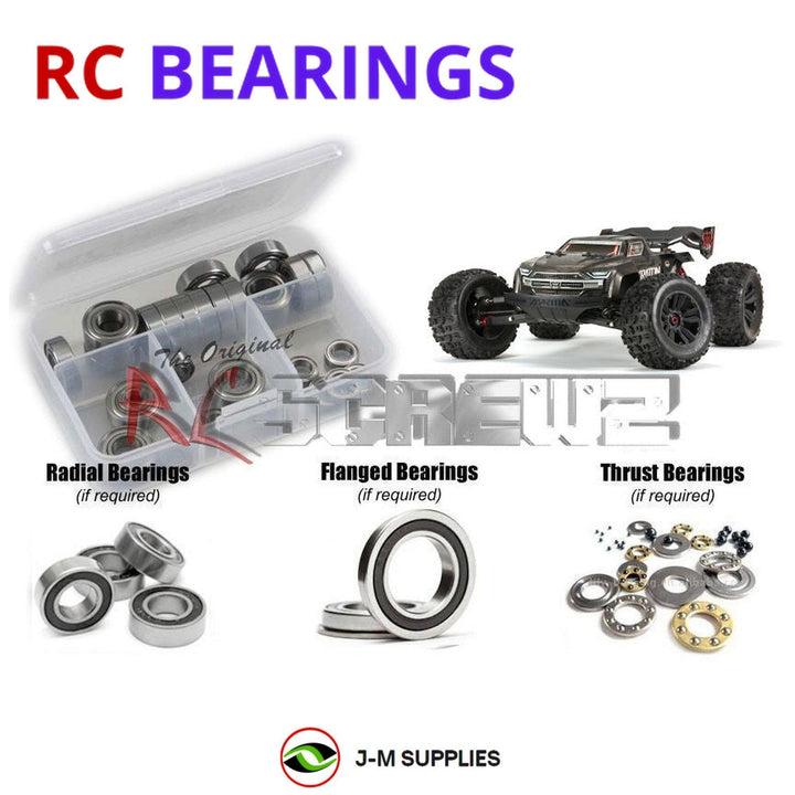 Representative image of an RCScrewZ rubber-sealed bearing kit for ARRMA KRATON 6S EXB 1/8 Electric 4WD MT (ARA106053); exact bearing sizes and quantities vary by RC model.