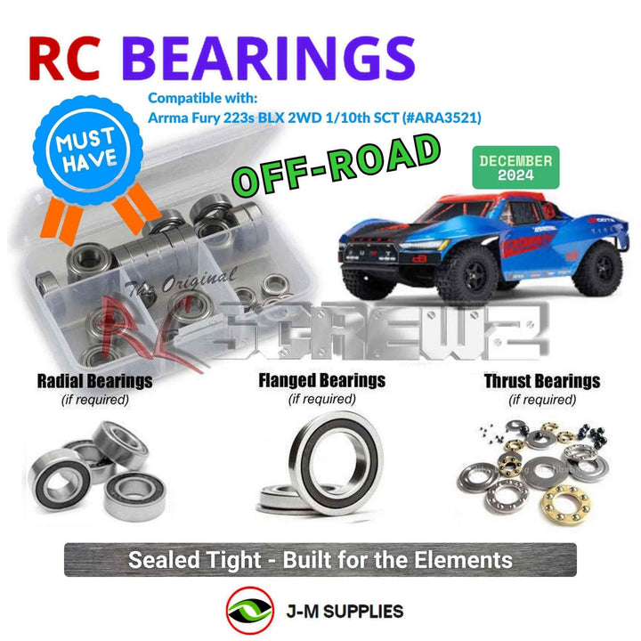 Representative image of an RCScrewZ rubber-sealed bearing kit for ARRMA FURY 223S BLX 1/10 2WD SCT (ARA3521); exact bearing sizes and quantities vary by RC model.