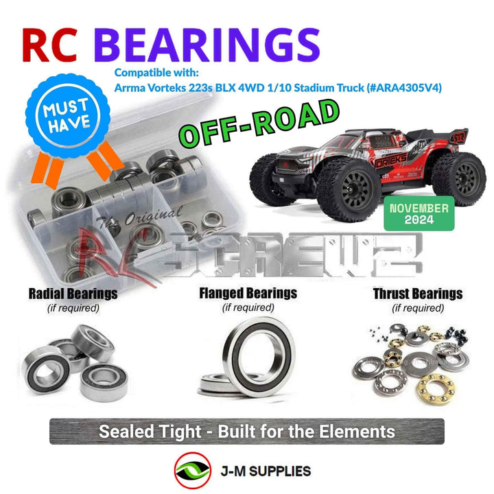 Representative image of an RCScrewZ rubber-sealed bearing kit for ARRMA VORTEKS 223S BLX 1/10 4WD Stadium Truck (ARA4305V4); exact bearing sizes and quantities vary by RC model.