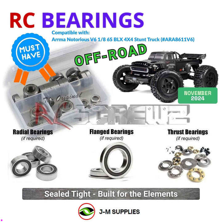 Representative image of an RCScrewZ rubber-sealed bearing kit for ARRMA NOTORIOUS 6S BLX V6 1/8 4WD Stunt Truck (ARA8611V6); exact bearing sizes and quantities vary by RC model.
