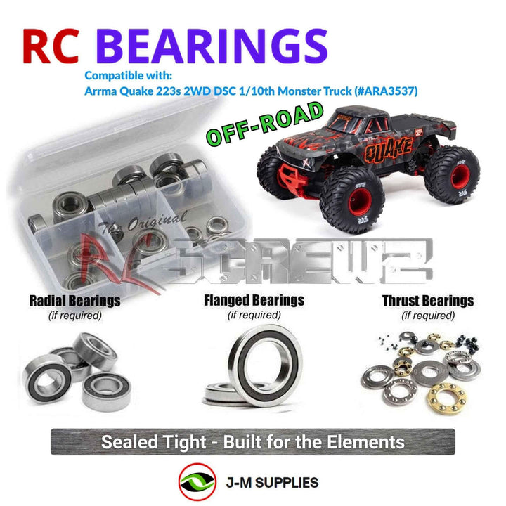 Representative image of an RCScrewZ rubber-sealed bearing kit for ARRMA QUAKE 223S BLX DSC 1/10 2WD Monster Truck (ARA3537); exact bearing sizes and quantities vary by RC model.