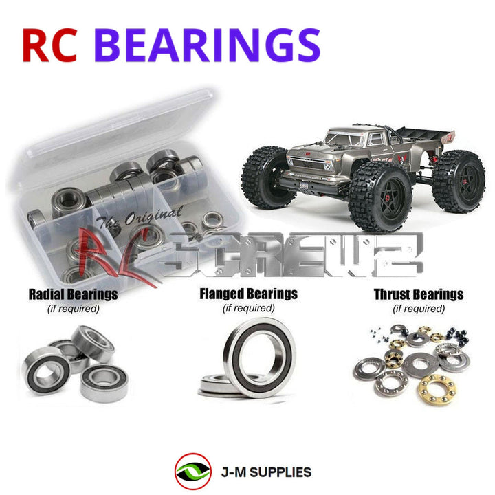 Representative image of an RCScrewZ rubber-sealed bearing kit for ARRMA OUTCAST 6S BLX 1/8 4WD Stunt Truck (ARA106021); exact bearing sizes and quantities vary by RC model.