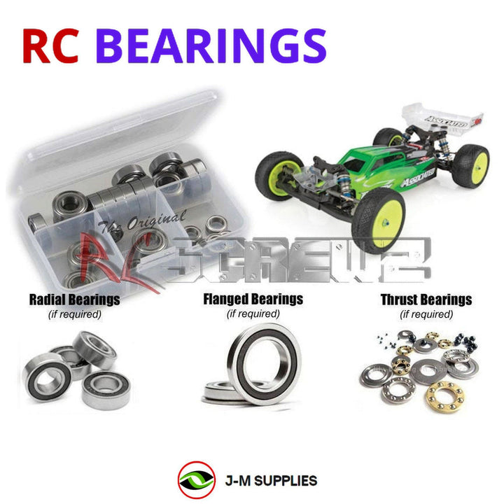 Representative image of an RCScrewZ rubber-sealed bearing kit for Team Associated RC10B6.2D 1/10 2WD Dirt Buggy (90024); exact bearing sizes and quantities vary by RC model.
