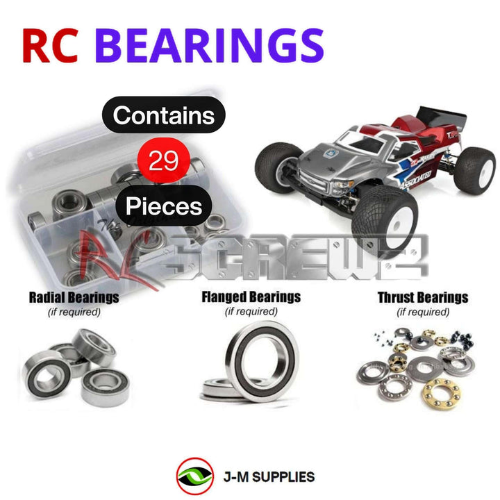 Representative image of an RCScrewZ rubber-sealed bearing kit for Team Associated RC10T6.4 1/10 2WD Stadium Truck (70004); exact bearing sizes and quantities vary by RC model.