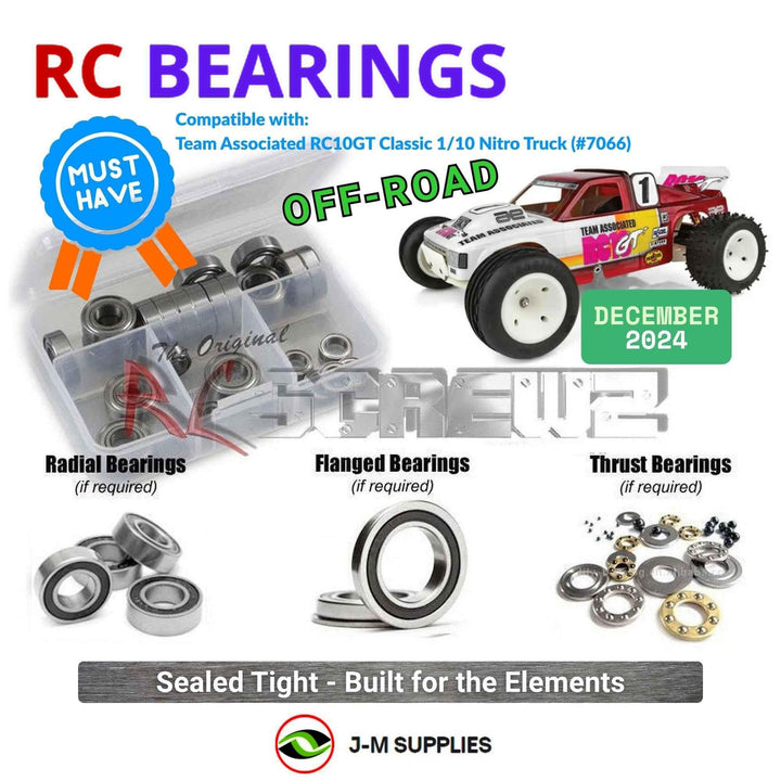 Representative image of an RCScrewZ rubber-sealed bearing kit for Team Associated RC10GT Classic 1/10 Nitro Truck (7066); exact bearing sizes and quantities vary by RC model.