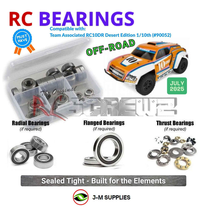 Representative image of an RCScrewZ rubber-sealed bearing kit for Team Associated RC10DR 1/10 Electric 2WD Rally (90052, ASC90052); exact bearing sizes and quantities vary by RC model.