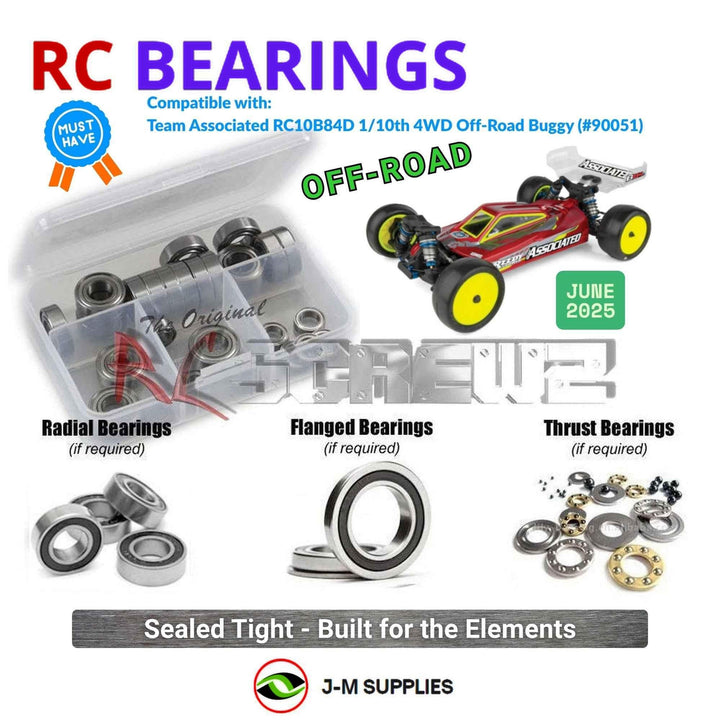 Representative image of an RCScrewZ rubber-sealed bearing kit for Team Associated RC10B84D 1/10 4WD Buggy (90051, ASC90051); exact bearing sizes and quantities vary by RC model.