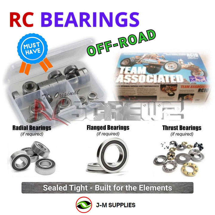 Representative image of an RCScrewZ rubber-sealed bearing kit for Team Associated RC10 Classic 1/10 2WD Buggy (6007, 6035, 6036); exact bearing sizes and quantities vary by RC model.