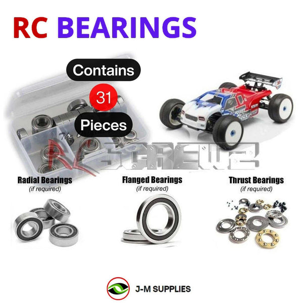 Representative image of an RCScrewZ rubber-sealed bearing kit for Team Associated RC8T3e 1/8 4WD Truggy (80918); exact bearing sizes and quantities vary by RC model.