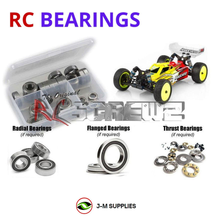 Representative image of an RCScrewZ rubber-sealed bearing kit for Team Associated RC10B64D 1/10 4WD Dirt Buggy (90015); exact bearing sizes and quantities vary by RC model.
