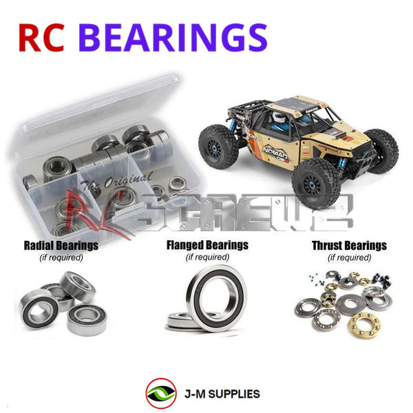 Representative image of an RCScrewZ rubber-sealed bearing kit for Team Associated Nomad DB8 1/8 4WD Desert Buggy (80941); exact bearing sizes and quantities vary by RC model.