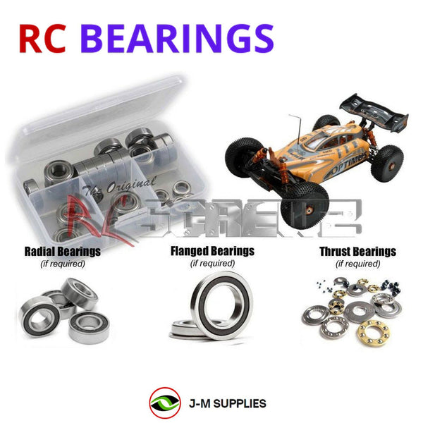 Representative image of an RCScrewZ rubber-sealed bearing kit for DHK Hobby Optimus "E" 1/8th Buggy; exact bearing sizes and quantities vary by RC model.