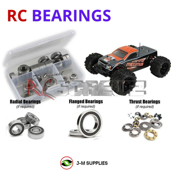 Representative image of an RCScrewZ rubber-sealed bearing kit for DHK Hobby Maximus GP Nitro 1/8th Truggy; exact bearing sizes and quantities vary by RC model.