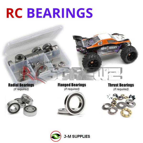 Representative image of an RCScrewZ rubber-sealed bearing kit for DHK Hobby Shogun 1/8th Truggy; exact bearing sizes and quantities vary by RC model.