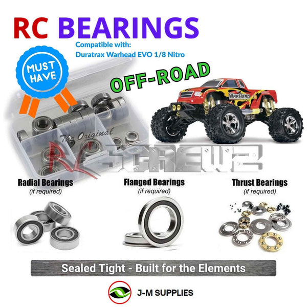 Representative image of an RCScrewZ rubber-sealed bearing kit for Duratrax Warhead EVO 1/8 Nitro; exact bearing sizes and quantities vary by RC model.
