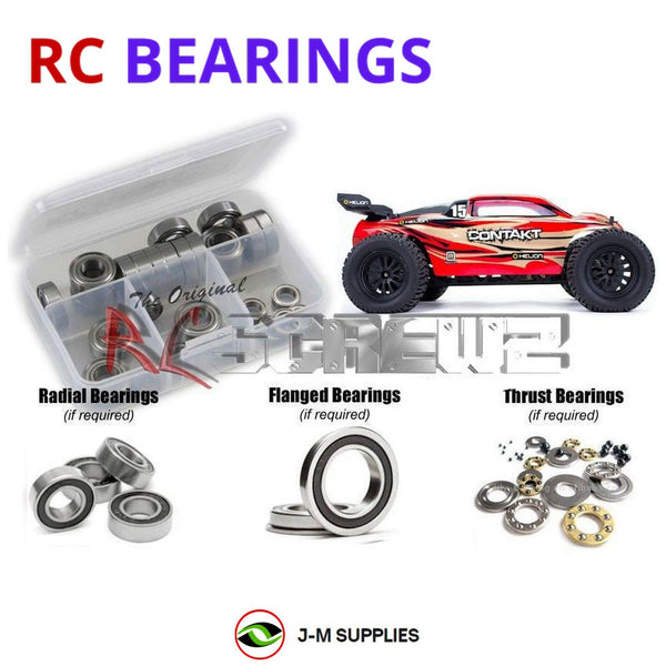 Representative image of an RCScrewZ rubber-sealed bearing kit for Helion RC Contakt 12B 1/12 Electric Truggy; exact bearing sizes and quantities vary by RC model.
