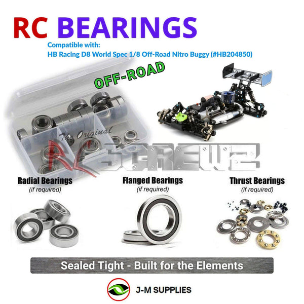 Representative image of an RCScrewZ rubber-sealed bearing kit for HB Racing D8 World Spec 1/8 Off-Road Nitro Buggy (#HB204850); exact bearing sizes and quantities vary by RC model.