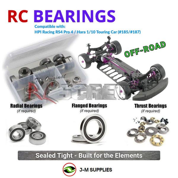 Representative image of an RCScrewZ rubber-sealed bearing kit for HPI Racing RS4 Pro 4 Hara 1/10 Electric Touring (185, 187); exact bearing sizes and quantities vary by RC model.