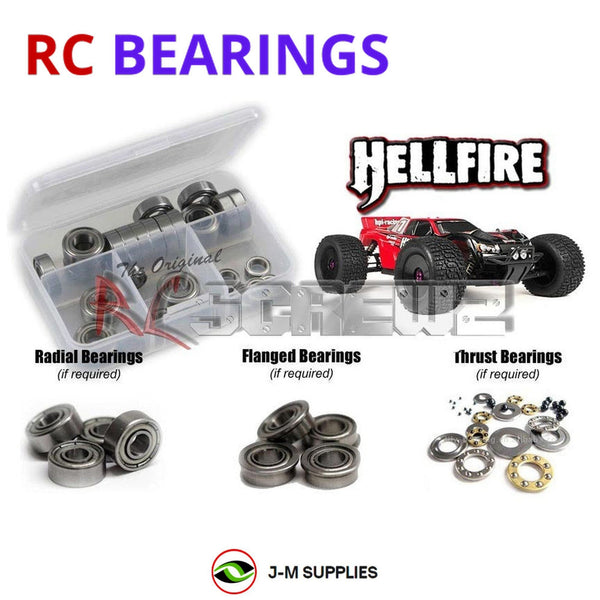 Representative image of an RCScrewZ rubber-sealed bearing kit for HPI Racing Hellfire 1/8 RTR Nitro 4WD Truggy (10500); exact bearing sizes and quantities vary by RC model.