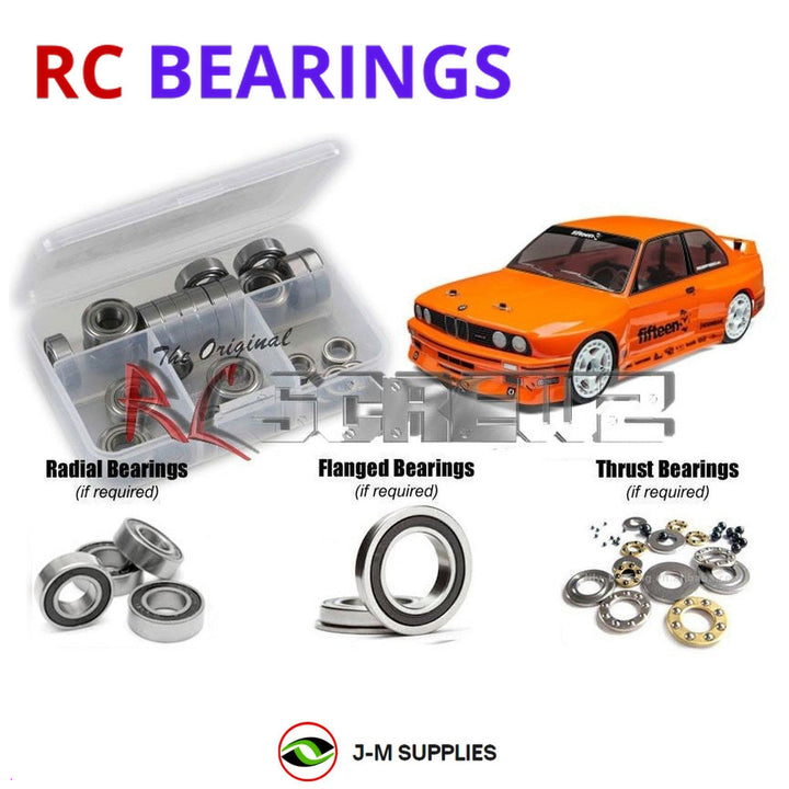 Representative image of an RCScrewZ rubber-sealed bearing kit for HPI RS4 Sport 3 BMW M3 E30 1/10 Electric 4WD Touring (114343); exact bearing sizes and quantities vary by RC model.