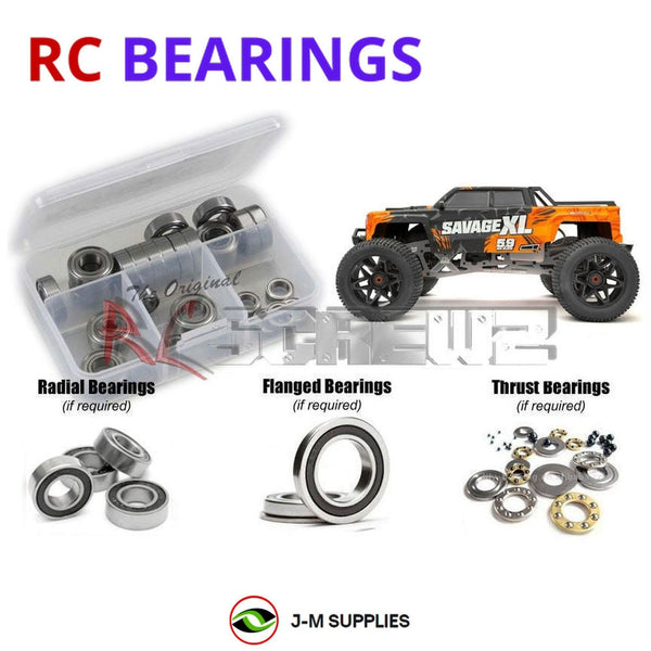 Representative image of an RCScrewZ rubber-sealed bearing kit for HPI Savage XL 5.9 GTXL-6 1/8 Nitro 4WD Monster Truck (160102); exact bearing sizes and quantities vary by RC model.