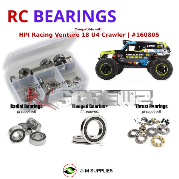 Representative image of an RCScrewZ rubber-sealed bearing kit for HPI Venture18 U4 Ford Bronco 4400 1/18 4WD (160805, 160887); exact bearing sizes and quantities vary by RC model.