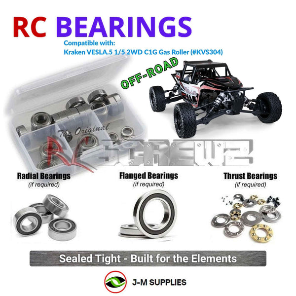 Representative image of an RCScrewZ rubber-sealed bearing kit for Kraken VESLA.5 C1G 1/5 Gas Roller (KVS304); exact bearing sizes and quantities vary by RC model.