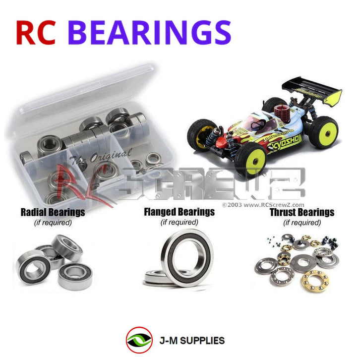 Representative image of an RCScrewZ rubber-sealed bearing kit for Kyosho Inferno MP9 TKI3 1/8 Nitro 4WD Buggy (31788); exact bearing sizes and quantities vary by RC model.