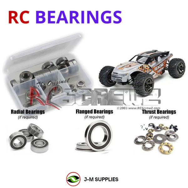 Representative image of an RCScrewZ rubber-sealed bearing kit for Kyosho Rage VE 1/10 Electric 4WD Rally Truck (30992); exact bearing sizes and quantities vary by RC model.