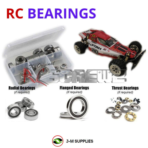 Representative image of an RCScrewZ rubber-sealed bearing kit for Kyosho Turbo Optima 1/10 Electric 4WD Buggy (3130); exact bearing sizes and quantities vary by RC model.