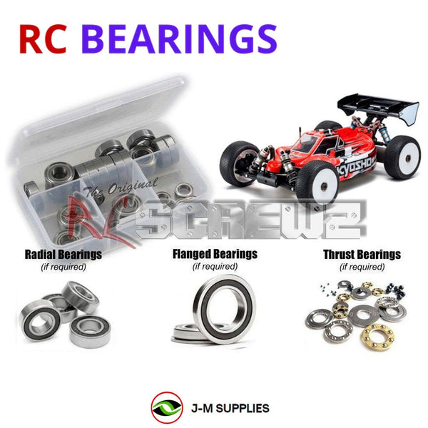 Representative image of an RCScrewZ rubber-sealed bearing kit for Kyosho Inferno MP9e Evo 1/8 Electric 4WD Buggy (34105B); exact bearing sizes and quantities vary by RC model.