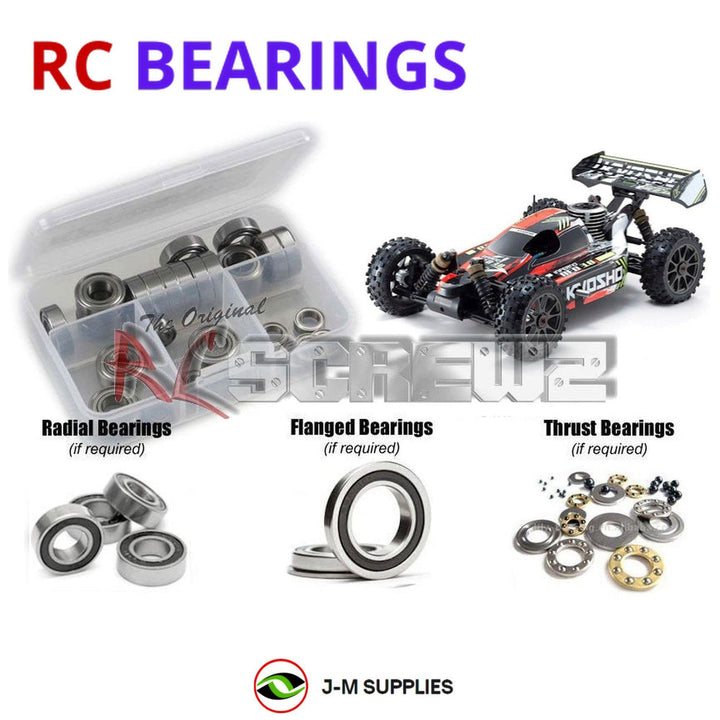 Representative image of an RCScrewZ rubber-sealed bearing kit for Kyosho Inferno Neo 3.0 1/8 Nitro 4WD Buggy (33012B); exact bearing sizes and quantities vary by RC model.