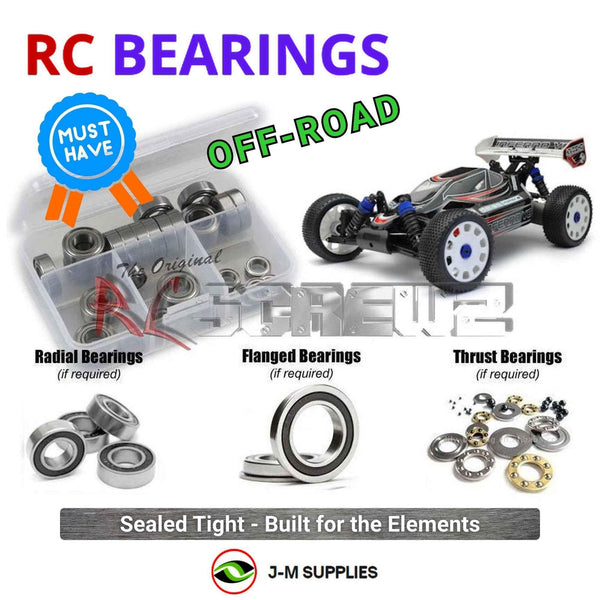 Representative image of an RCScrewZ rubber-sealed bearing kit for Kyosho Inferno VE Race Spec 1/8 Electric 4WD Buggy (30876M-B); exact bearing sizes and quantities vary by RC model.
