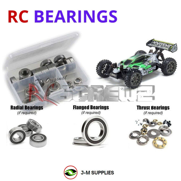 Representative image of an RCScrewZ rubber-sealed bearing kit for Kyosho Inferno Neo 3.0 VE 1/8 Electric 4WD Buggy (34108); exact bearing sizes and quantities vary by RC model.