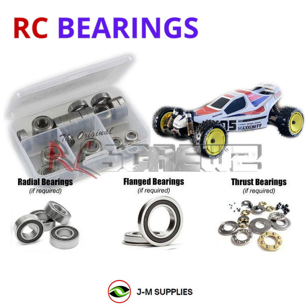 Representative image of an RCScrewZ rubber-sealed bearing kit for Kyosho Maxxum FF 1/10 Electric FWD Buggy (3127); exact bearing sizes and quantities vary by RC model.