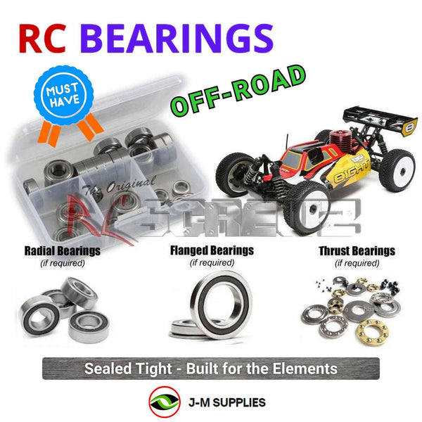 Representative image of an RCScrewZ rubber-sealed bearing kit for Losi 8IGHT Nitro RTR 1/8 Nitro 4WD Buggy (LOS04010); exact bearing sizes and quantities vary by RC model.